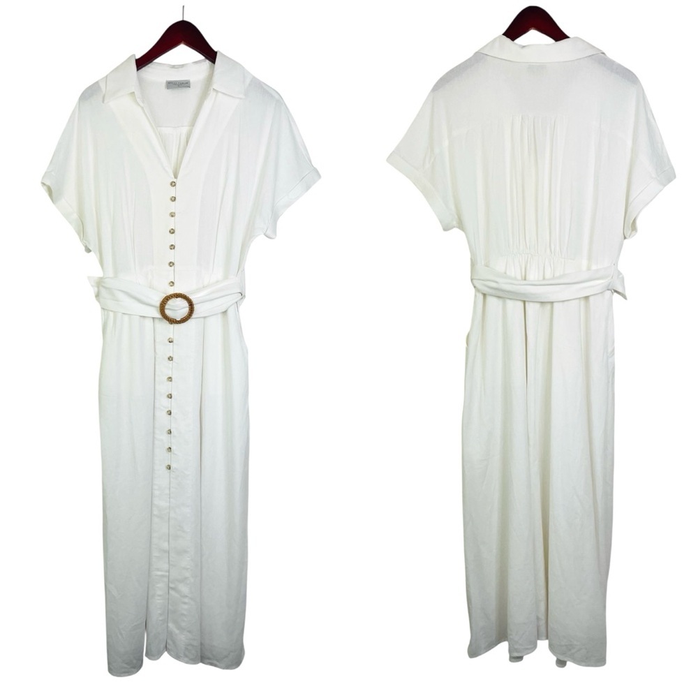 Dress Forum linen button-front midi dress belted-waist white medium - Picture 2 of 10